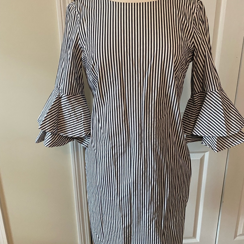 Striped Black & White Ruffle Sleeve Dress - Classic Sheath